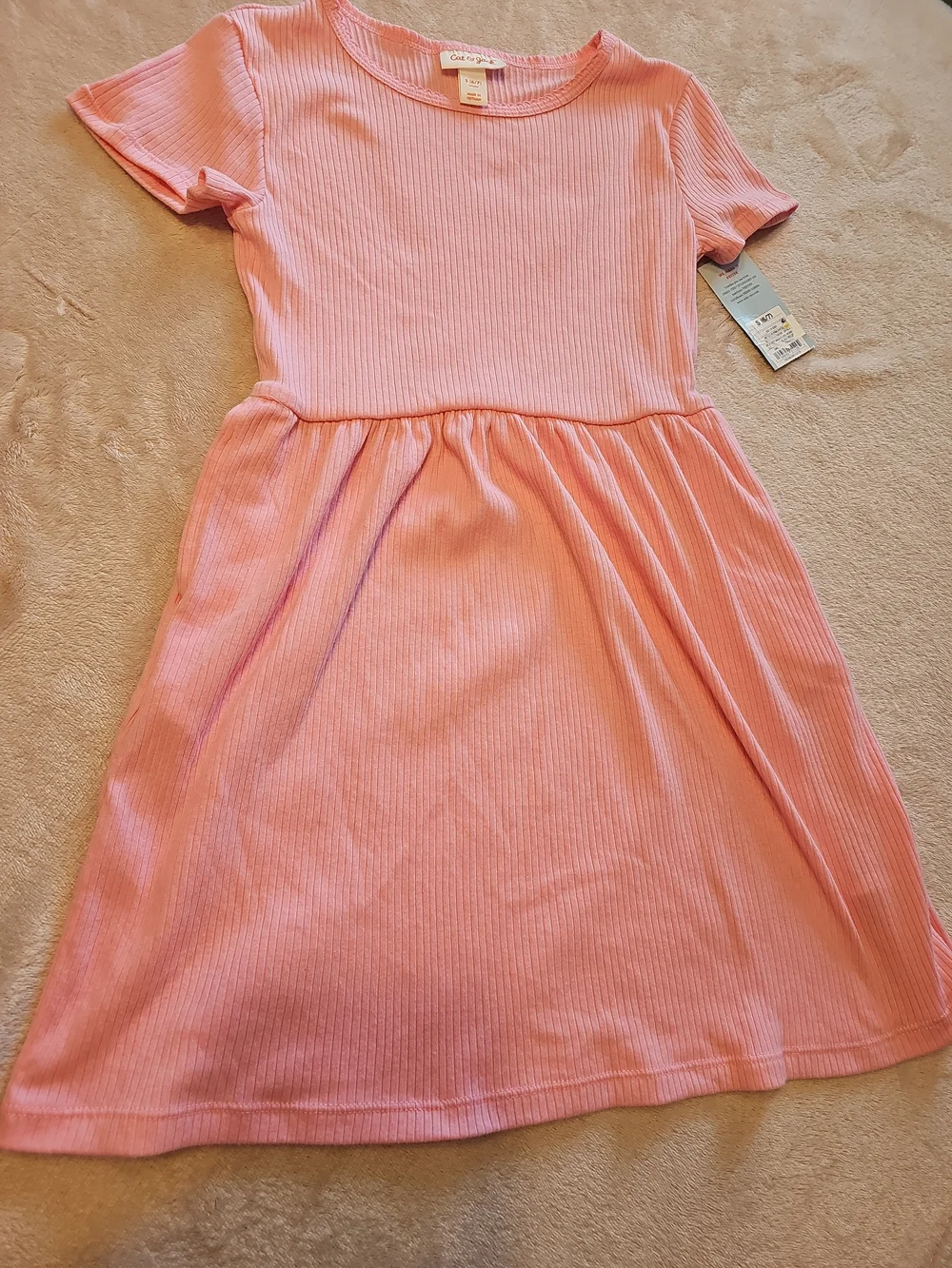 Girls-Pink Ribbed Short-Sleeve Dress